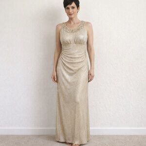 Viola gold lame formal dress flattering gathered waist lightly padded bust Small